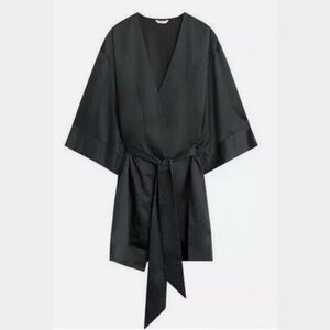 ThirdLove Black Satin Robe Belted Mid Length Wide Sleeves Lightweight Size Small